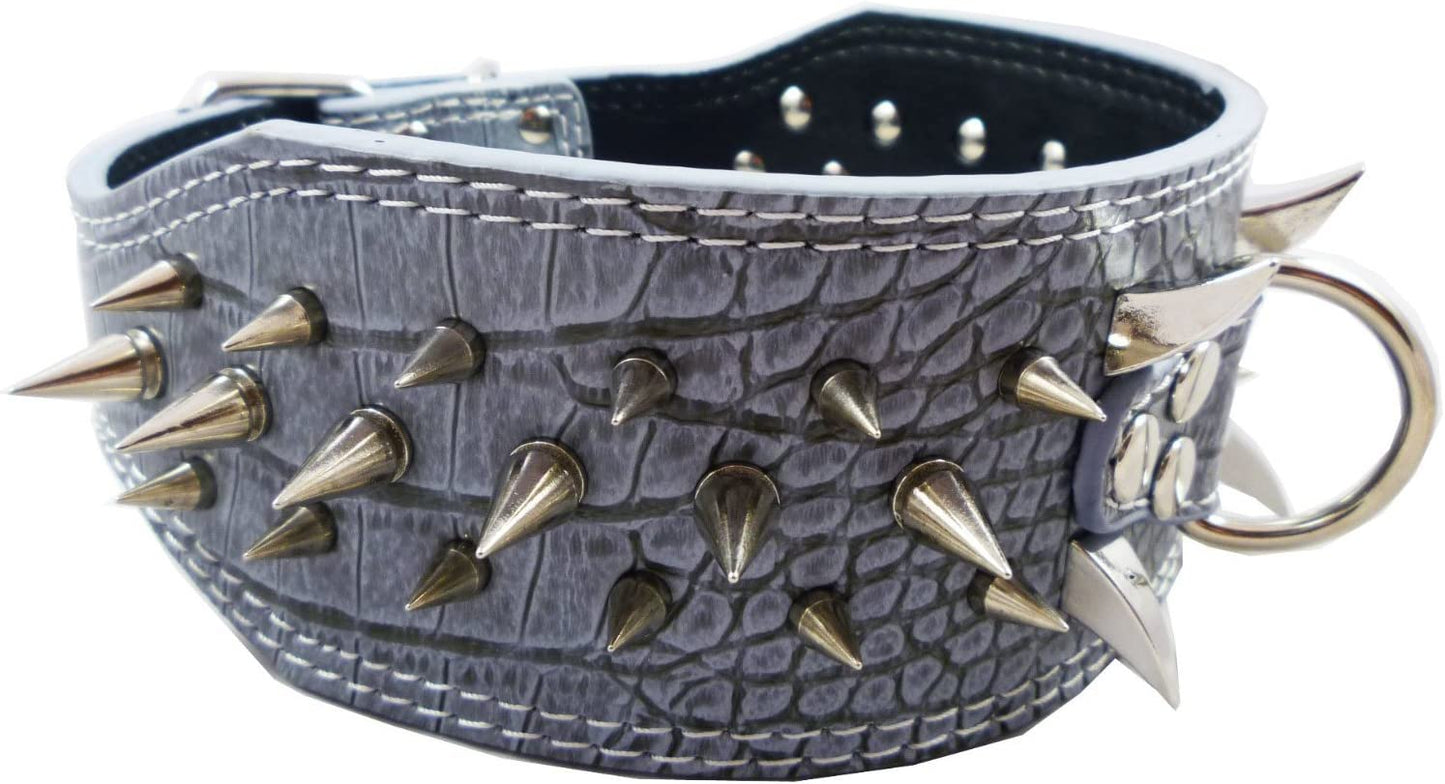 Grey Faux Crocodile Leather Dog Collar with 40 Large Spikes, 3 Inches Wide