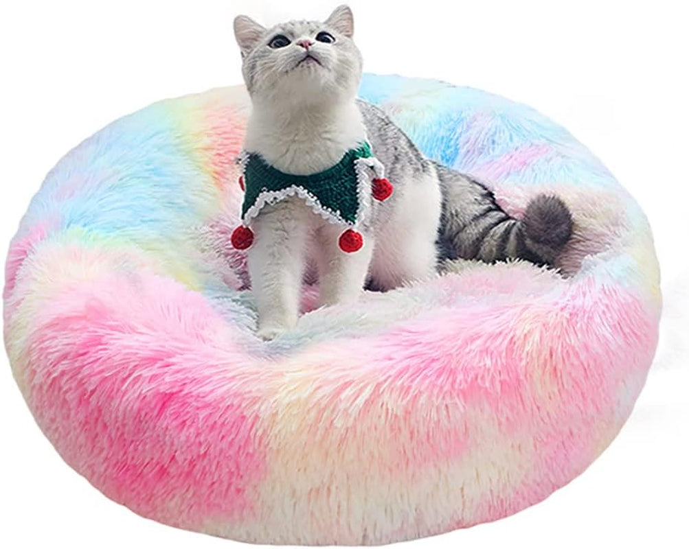 Detachable Luxury Shag Donut Pet Bed for Cats and Dogs, 20-Inch Self-Warming Round Pillow, Machine Washable, Iridescent Color
