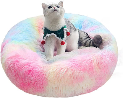 Detachable Luxury Shag Donut Pet Bed for Cats and Dogs, 20-Inch Self-Warming Round Pillow, Machine Washable, Iridescent Color