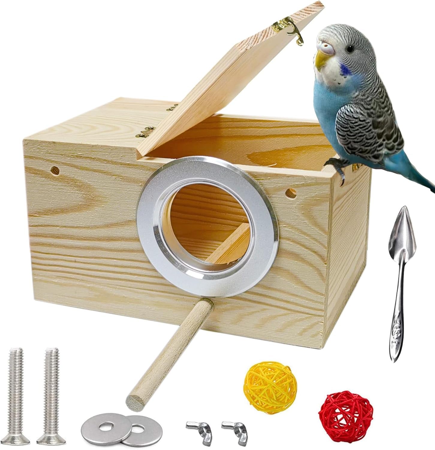 Bird Nest, Parakeet Nest Box, Bird Breeding Box with Perch, Wood Budgie Nest Box for Bird, Parrot, Lovebirds, Parrotlet, Finch, Sparrow 7.8” X 4.7” X 4.7”
