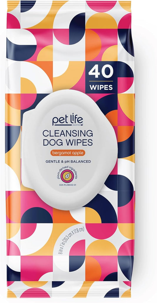 Wipes for Dogs, 40Ct, Hypoallergenic, Bergamot Apple Scent, Sensitive Skin Grooming Wipes for Paws, Body & Butt, Plant-Based, Moisturizing with Aloe & Calendula, USA Made (1 Pack)