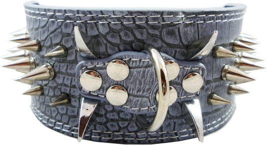 Grey Faux Crocodile Leather Dog Collar with 40 Large Spikes, 3 Inches Wide