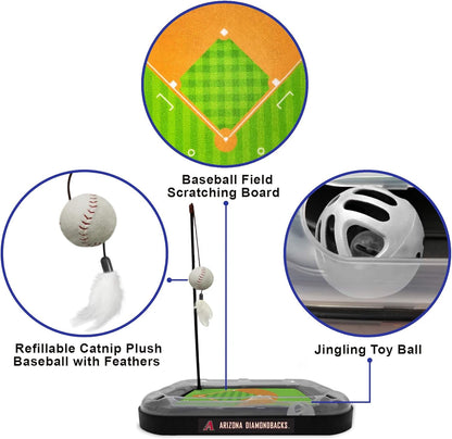 Cat Scratching Toy MLB Arizona Diamondbacks Baseball Field Cat Scratcher Toy with Interactive Cat Ball Bell in Tracks. 5-In-1 CAT Toy: Cat Wand Poll with Catnip Filled Plush Baseball & Feathers.