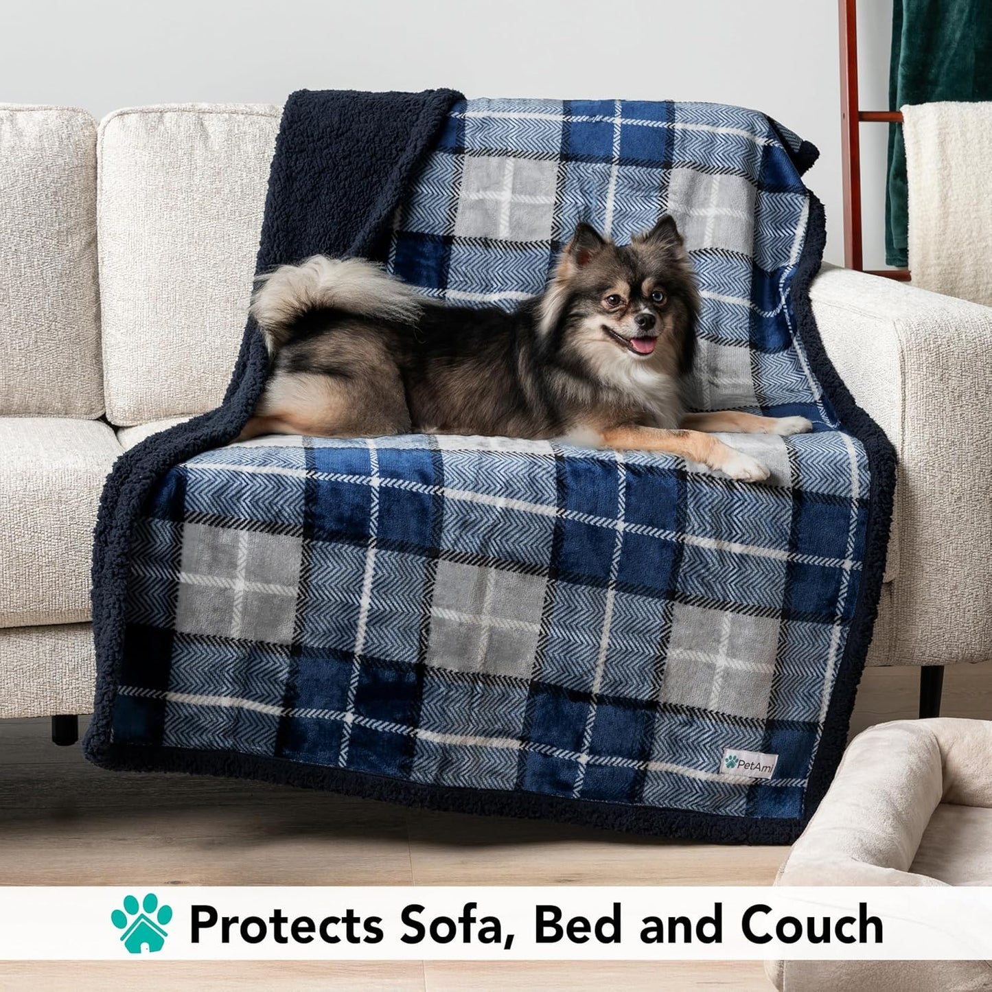 Dog Blanket for Bed, XL Pet Blanket Large Dogs, Fleece Furniture Couch Cover Protector Sofa Car Crate Kennel, Soft Sherpa Cat Throw Plush Reversible Washable, Twin 60X80 Plaid Navy Blue