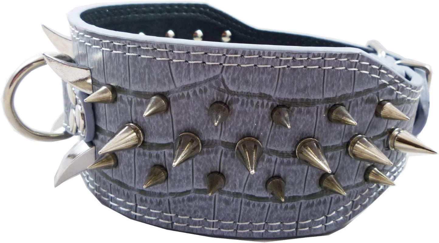 Grey Faux Crocodile Leather Dog Collar with 40 Large Spikes, 3 Inches Wide