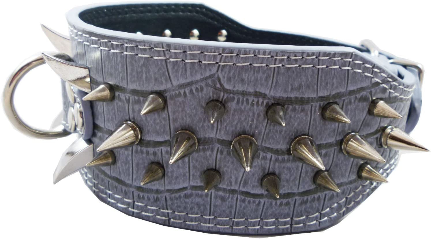 Grey Faux Crocodile Leather Dog Collar with 40 Large Spikes, 3 Inches Wide