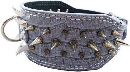 Grey Faux Crocodile Leather Dog Collar with 40 Large Spikes, 3 Inches Wide