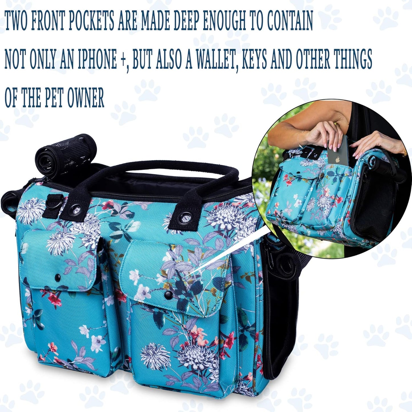 Soft-Sided Pet Carrier for Dogs, Cats, and Rabbits - Breathable Mesh Airline-Approved Travel Tote with Pockets (Turquoise Floral Design)