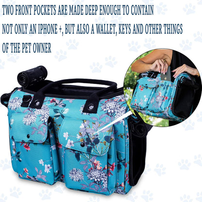 Soft-Sided Pet Carrier for Dogs, Cats, and Rabbits - Breathable Mesh Airline-Approved Travel Tote with Pockets (Turquoise Floral Design)