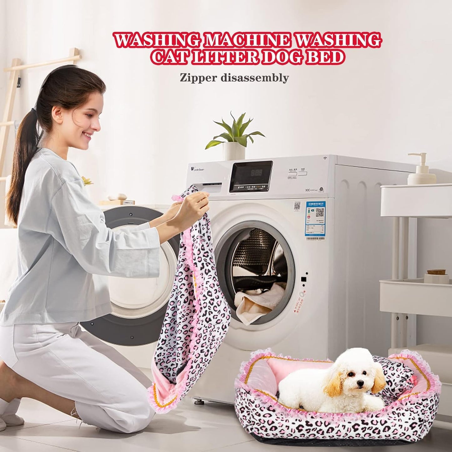Dog Bed for Small Dogs - Cute Pink Leopard Dog Bed,Cat Beds for Indoor Cats Washable - Square Shape Cat Dog Sofa Bed Pet House Nest Cave(M, 20.8"L X 18"W X 5.5"）