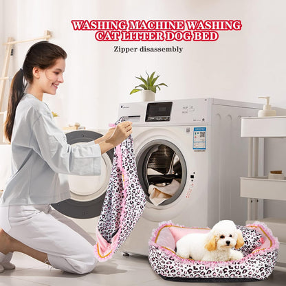 Dog Bed for Small Dogs - Cute Pink Leopard Dog Bed,Cat Beds for Indoor Cats Washable - Square Shape Cat Dog Sofa Bed Pet House Nest Cave(M, 20.8"L X 18"W X 5.5"）