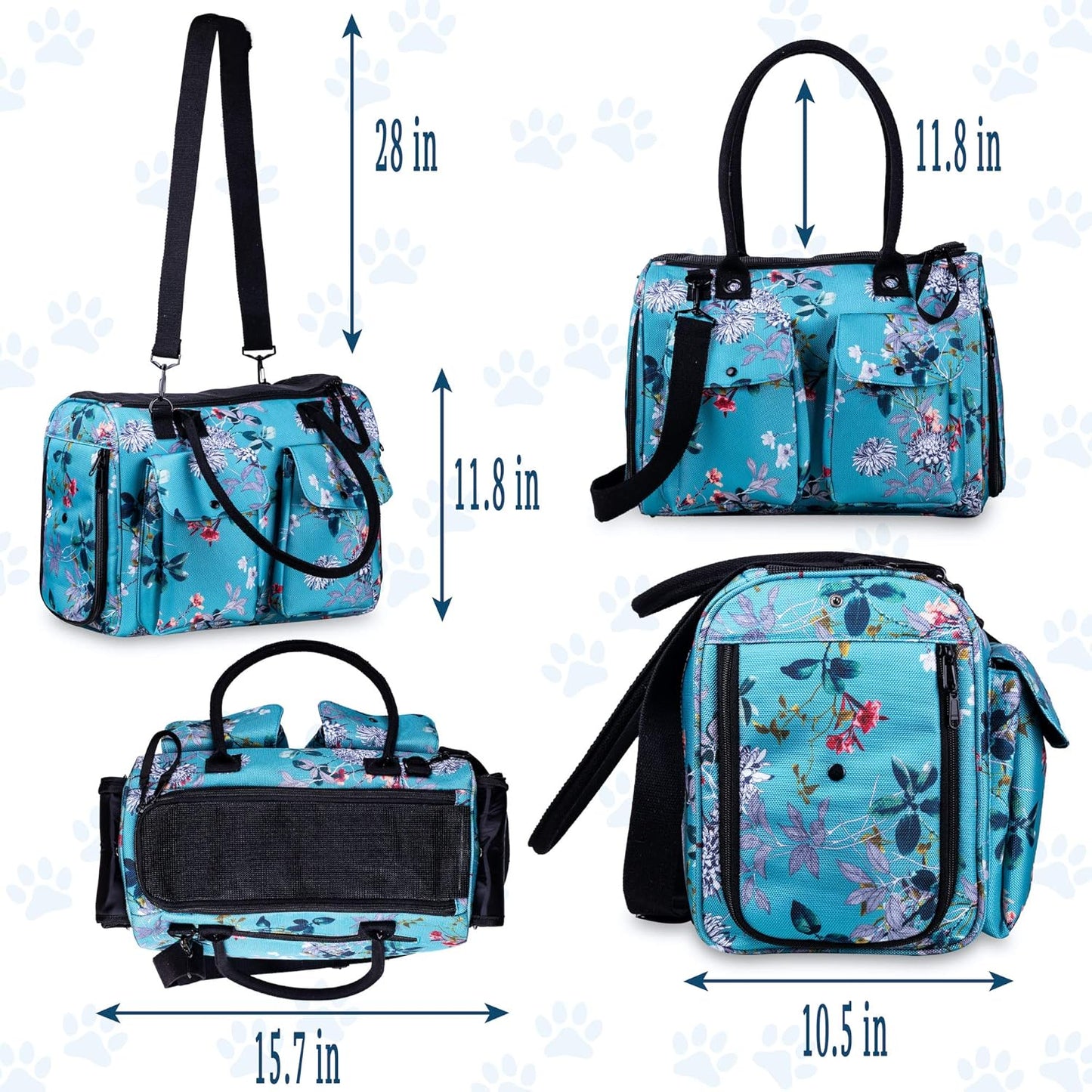 Soft-Sided Pet Carrier for Dogs, Cats, and Rabbits - Breathable Mesh Airline-Approved Travel Tote with Pockets (Turquoise Floral Design)
