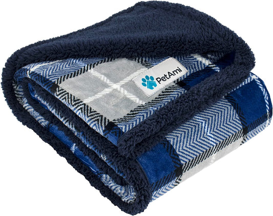 Dog Blanket for Bed, XL Pet Blanket Large Dogs, Fleece Furniture Couch Cover Protector Sofa Car Crate Kennel, Soft Sherpa Cat Throw Plush Reversible Washable, Twin 60X80 Plaid Navy Blue
