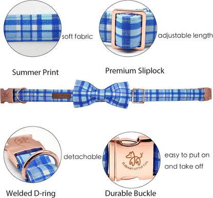 Dog Collar with Bow - Blue Plaid Boy Dog Collar Cute Bowtie Pet Collar Adjustable Dog Collar for X-Small Puppy and Cat