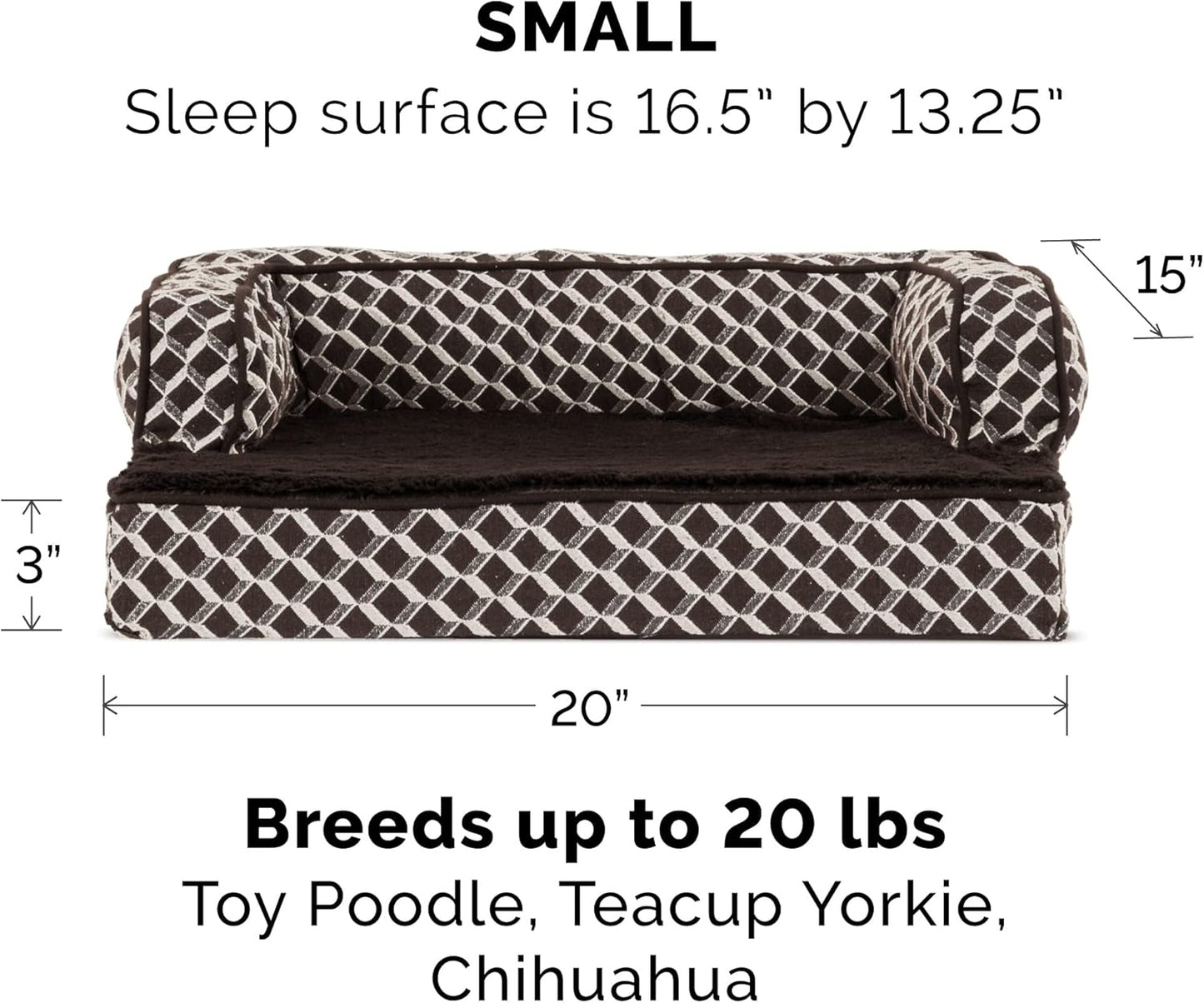 Orthopedic Small Dog Bed with Removable Bolsters and Washable Cover for Dogs Up to 20 lbs - Plush Woven Design in Diamond Brown