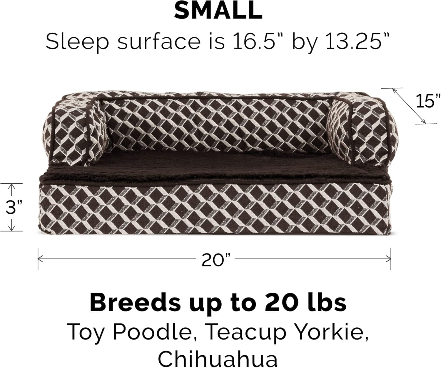 Orthopedic Small Dog Bed with Removable Bolsters and Washable Cover for Dogs Up to 20 lbs - Plush Woven Design in Diamond Brown