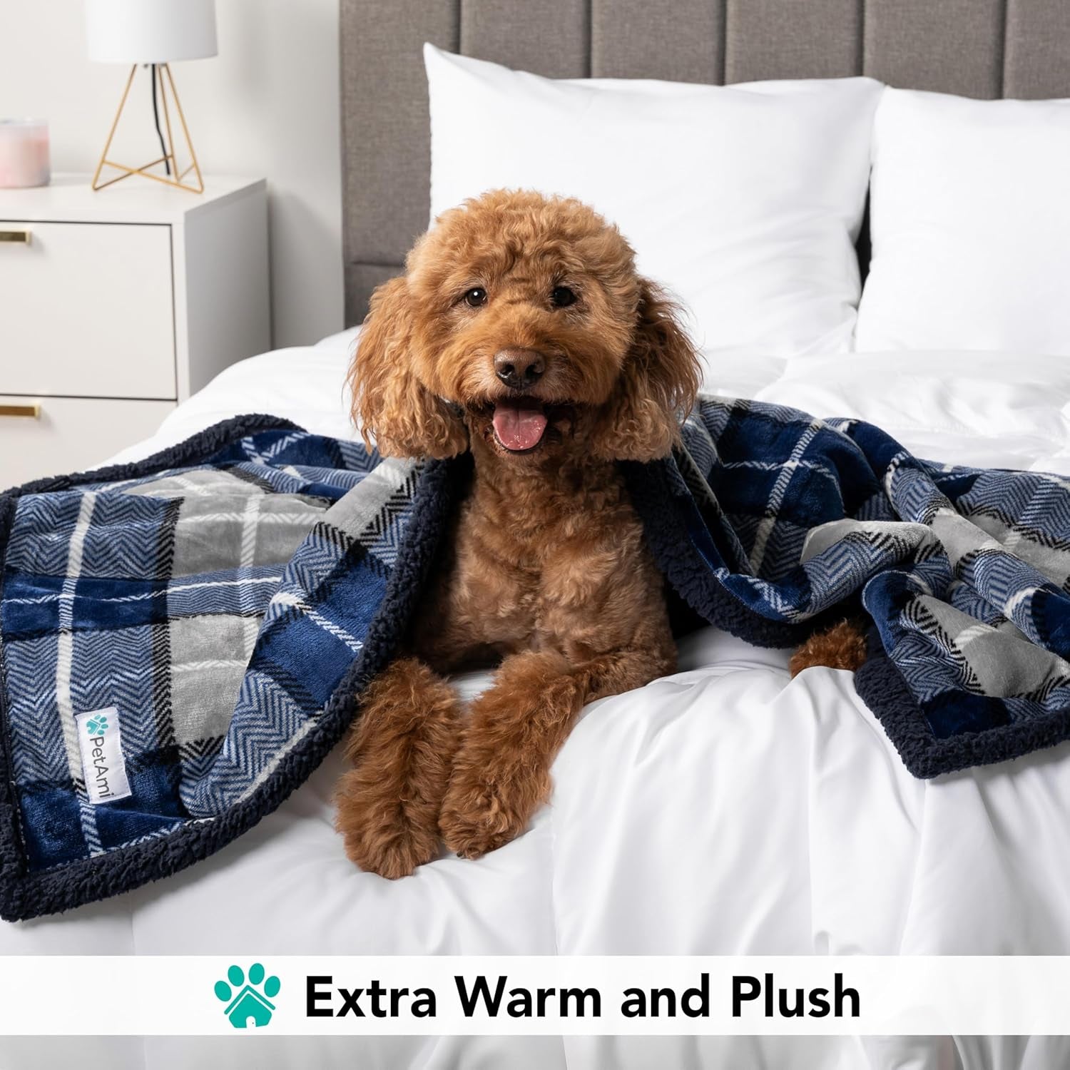 Dog Blanket for Bed, XL Pet Blanket Large Dogs, Fleece Furniture Couch Cover Protector Sofa Car Crate Kennel, Soft Sherpa Cat Throw Plush Reversible Washable, Twin 60X80 Plaid Navy Blue