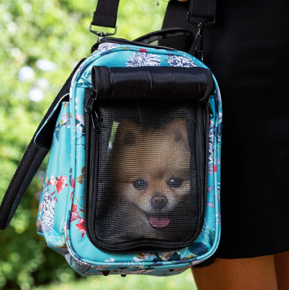 Soft-Sided Pet Carrier for Dogs, Cats, and Rabbits - Breathable Mesh Airline-Approved Travel Tote with Pockets (Turquoise Floral Design)