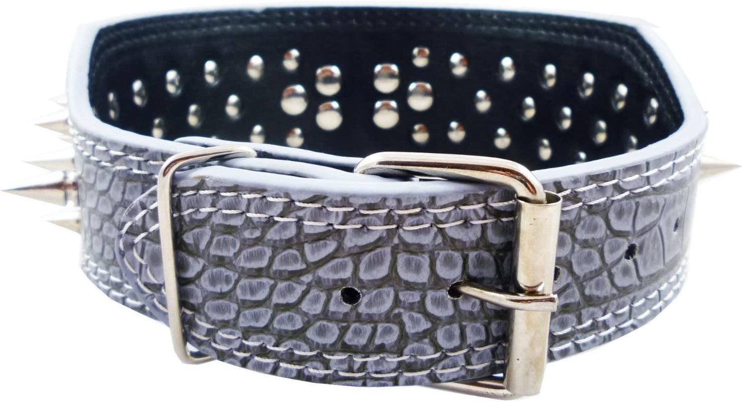 Grey Faux Crocodile Leather Dog Collar with 40 Large Spikes, 3 Inches Wide
