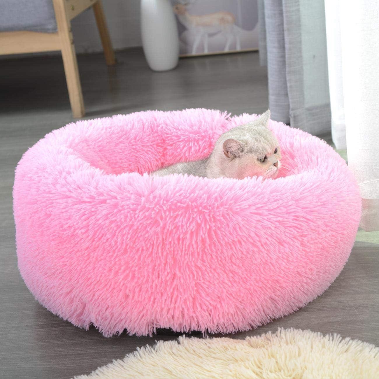 Luxury Round Donut Pet Bed for Cats and Small Dogs, Hot Pink, 19.7 inches, Anti-Slip & Water-Resistant Base, Super Soft Durable Fabric, Washable Design