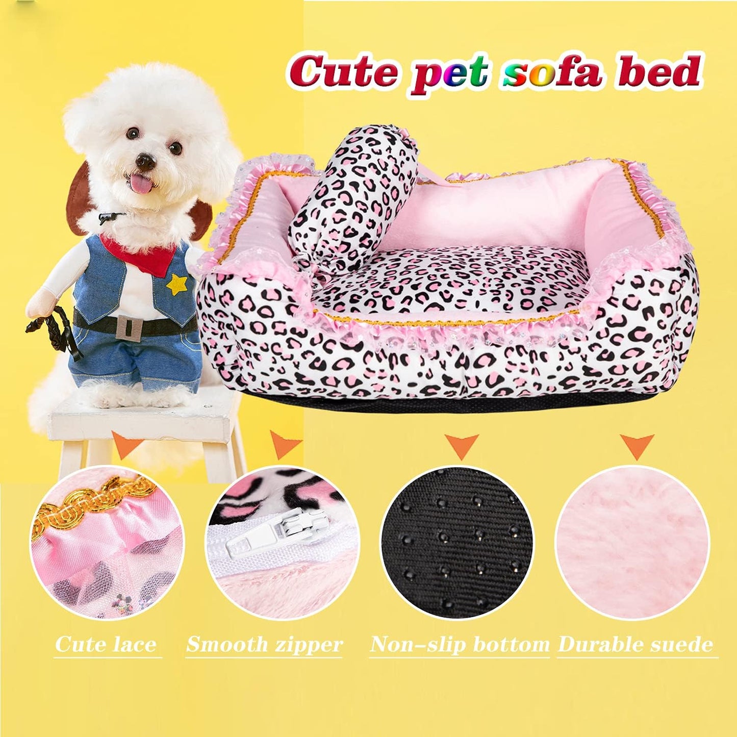 Dog Bed for Small Dogs - Cute Pink Leopard Dog Bed,Cat Beds for Indoor Cats Washable - Square Shape Cat Dog Sofa Bed Pet House Nest Cave(M, 20.8"L X 18"W X 5.5"）