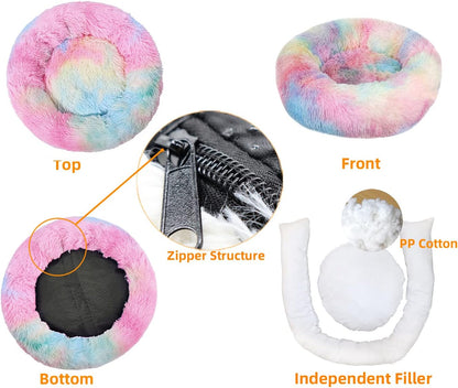 Detachable Luxury Shag Donut Pet Bed for Cats and Dogs, 20-Inch Self-Warming Round Pillow, Machine Washable, Iridescent Color