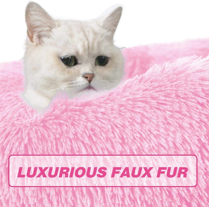 Luxury Round Donut Pet Bed for Cats and Small Dogs, Hot Pink, 19.7 inches, Anti-Slip & Water-Resistant Base, Super Soft Durable Fabric, Washable Design