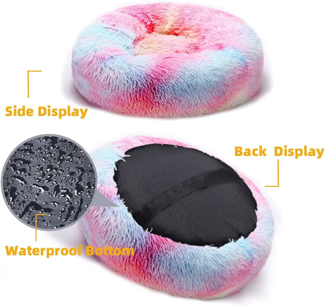Detachable Luxury Shag Donut Pet Bed for Cats and Dogs, 20-Inch Self-Warming Round Pillow, Machine Washable, Iridescent Color