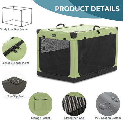 36" Soft Portable Dog Crate – Patented Spiral Sturdy Frame, Collapsible Travel Kennel for Medium & Large Dogs, 3 Mesh Door, Lockable Zippers, Indoor & Car Use Green