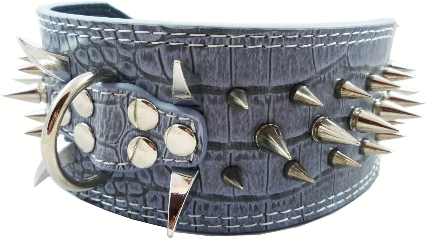Grey Faux Crocodile Leather Dog Collar with 40 Large Spikes, 3 Inches Wide