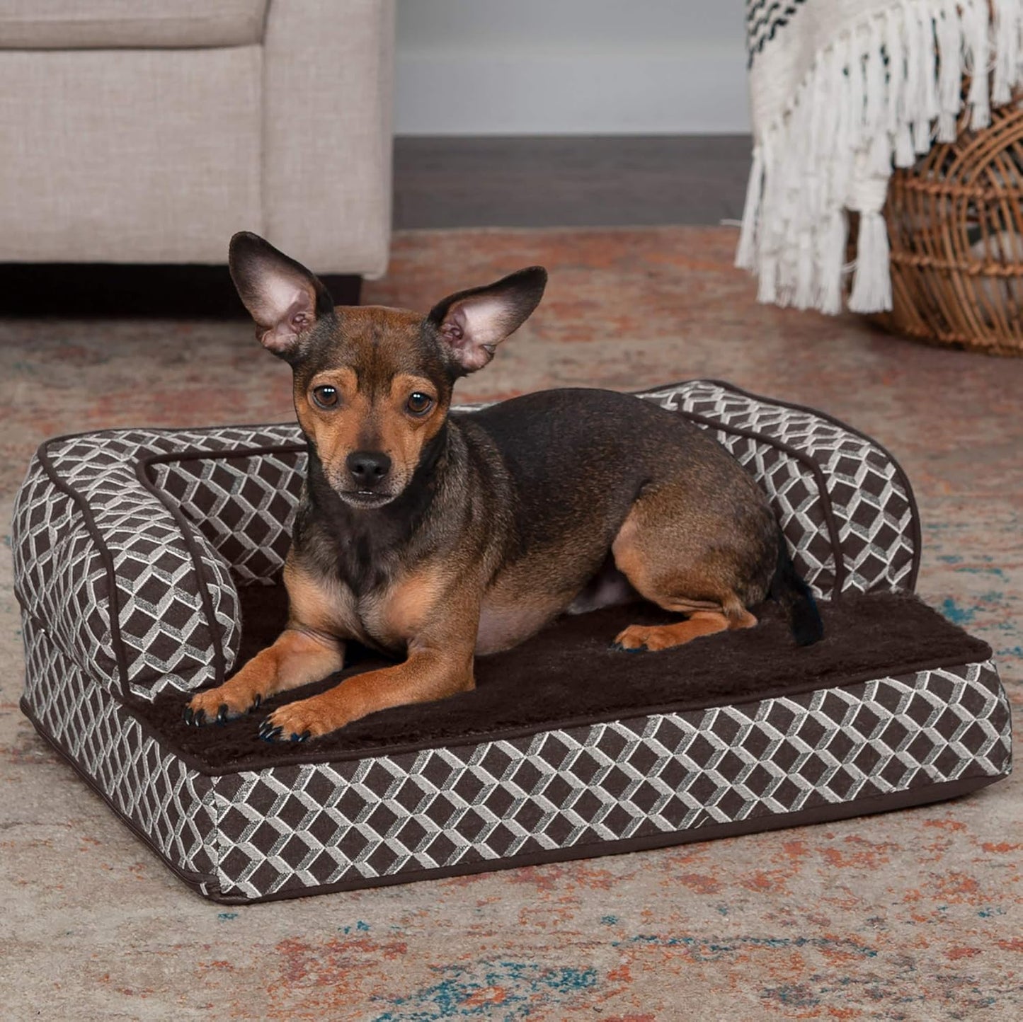 Orthopedic Small Dog Bed with Removable Bolsters and Washable Cover for Dogs Up to 20 lbs - Plush Woven Design in Diamond Brown