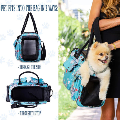 Soft-Sided Pet Carrier for Dogs, Cats, and Rabbits - Breathable Mesh Airline-Approved Travel Tote with Pockets (Turquoise Floral Design)